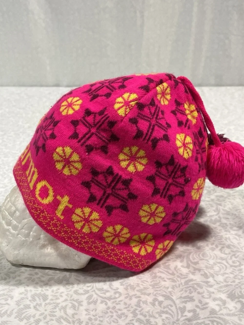 Marmot Nordic Pom Pom Beanie Pink Yellow Fleece Lined One Size